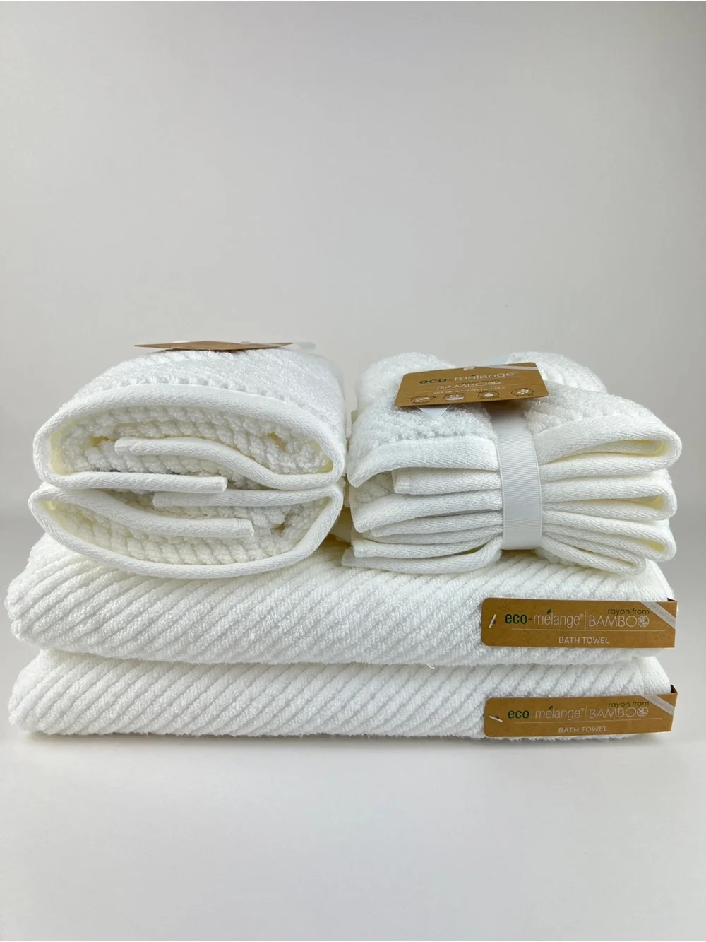 Eco Melange Bamboo Bath Towels White Soft Cotton Rayon Absorbent 8 Pc Set NEW